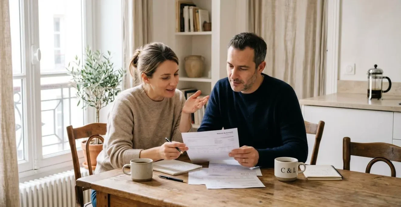 Un couple d'environ 40 ans consulte des documents financiers sur une table de cuisine lumineuse, tasse de café à côté