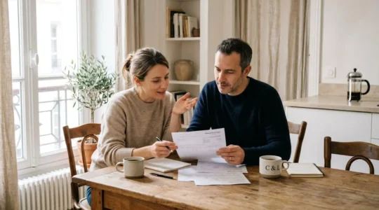 Un couple d'environ 40 ans consulte des documents financiers sur une table de cuisine lumineuse, tasse de café à côté