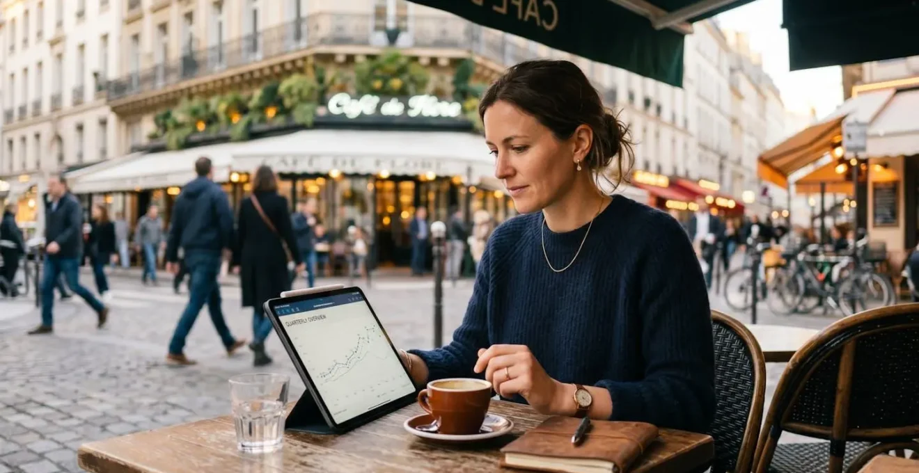 Une personne d'une trentaine d'années consulte des graphiques financiers sur une tablette posée sur une table de café parisien, ambiance urbaine décontractée