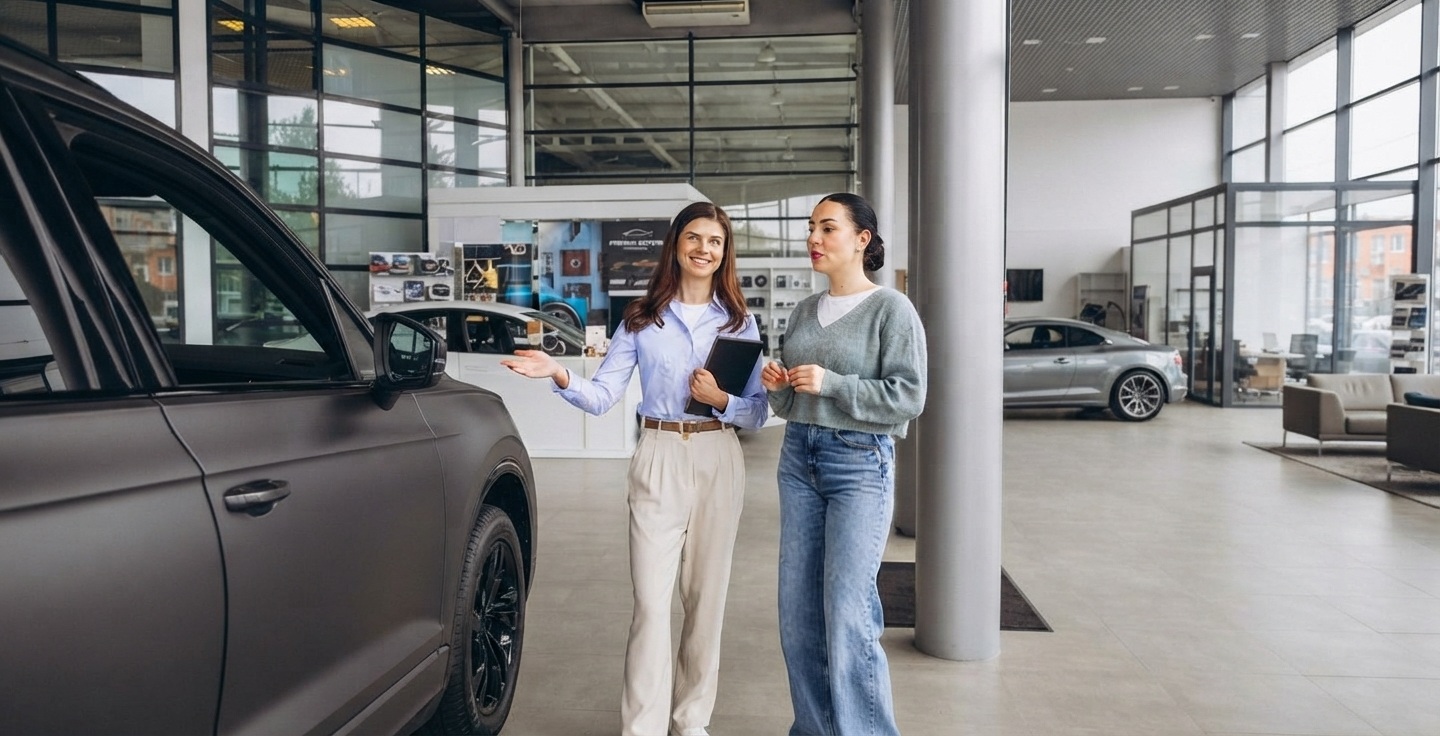 Inspecteur professionnel évaluant l'état extérieur d'un véhicule électrique lors d'un contrôle de fin de contrat de leasing avec tablette de diagnostic
