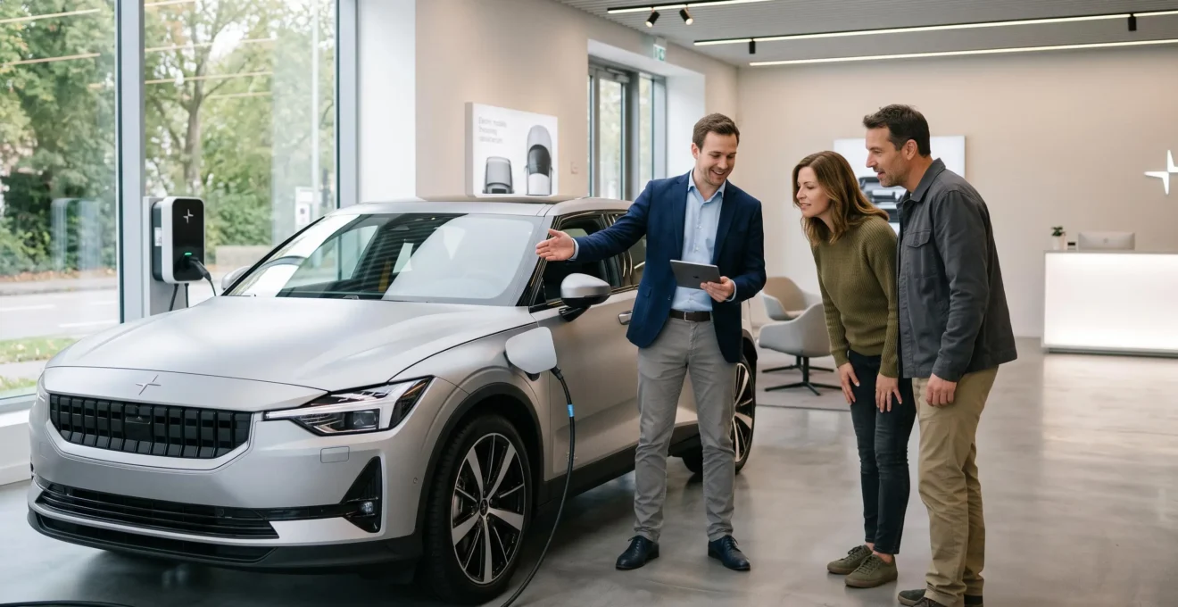 Conseiller automobile présentant un véhicule électrique moderne à un couple de clients dans un showroom de leasing professionnel