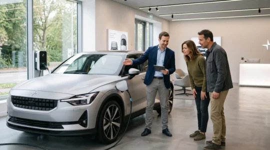 Conseiller automobile présentant un véhicule électrique moderne à un couple de clients dans un showroom de leasing professionnel